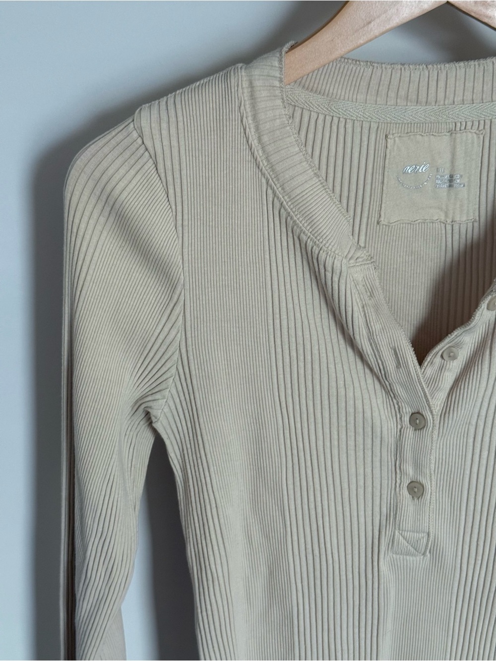 Aerie Road Trip Ribbed Knit Henley Long Sleeve Top Cappuccino Tan Large - Picture 4 of 11